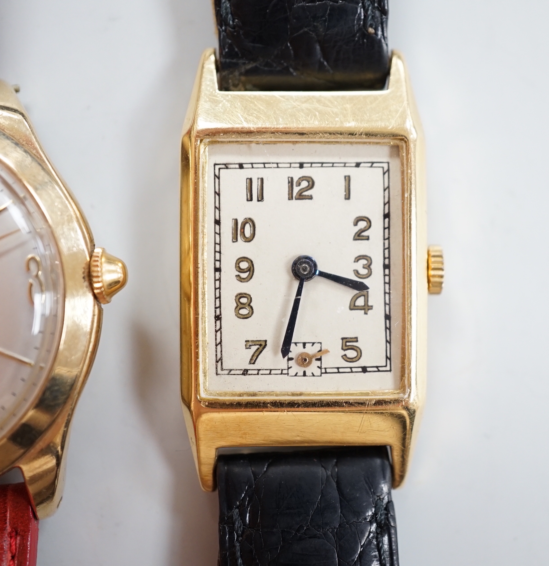 A gentleman's French yellow metal (18ct poincon mark) rectangular manual wind wrist watch, on a leather strap, together with a gentleman's 9ct gold Certina automatic wrist watch.